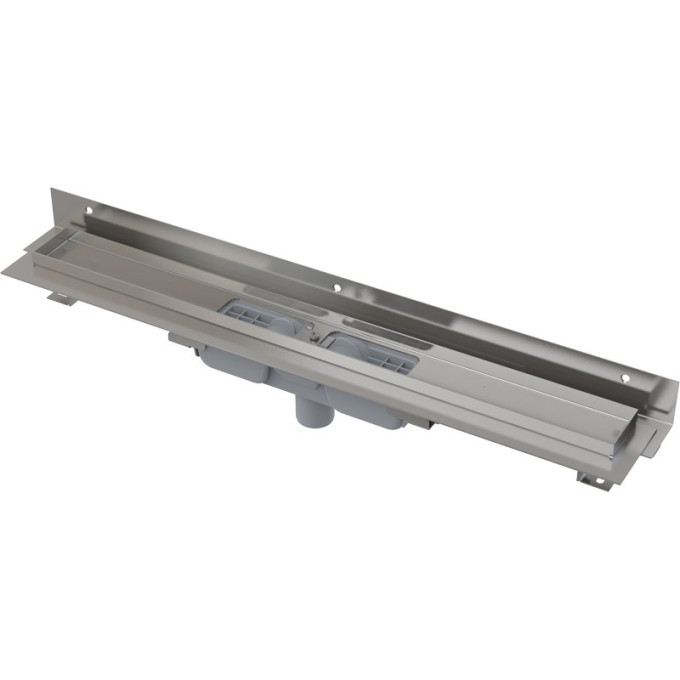 Водоотводящий желоб ALCAPLAST APZ1104-1050 FLEXIBLE для перфорированной решетки с регулируемым краем, к стене, низкий, вертикальный сток